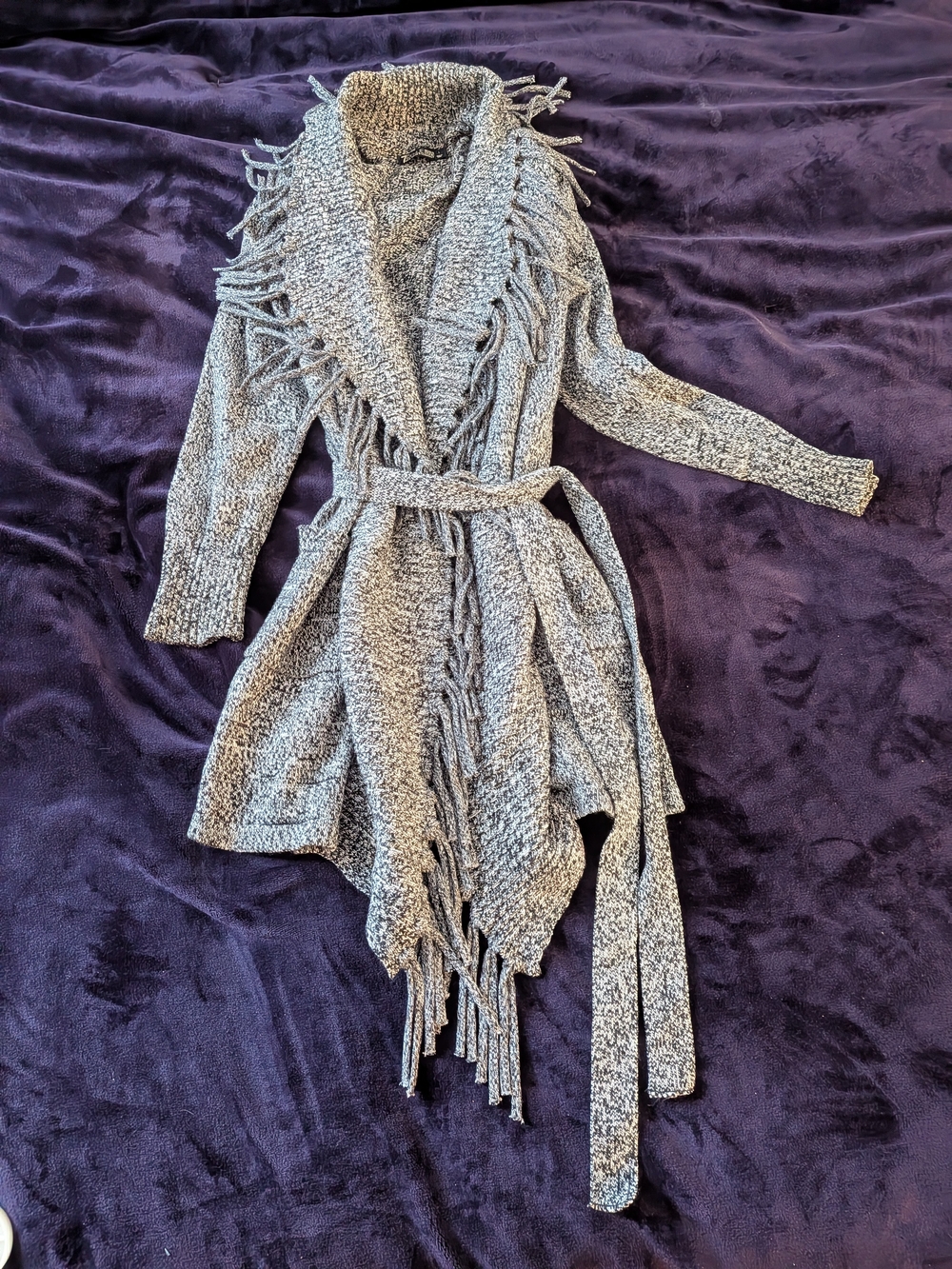 NY&Co Gray Fringe Knit Wrap Sweater